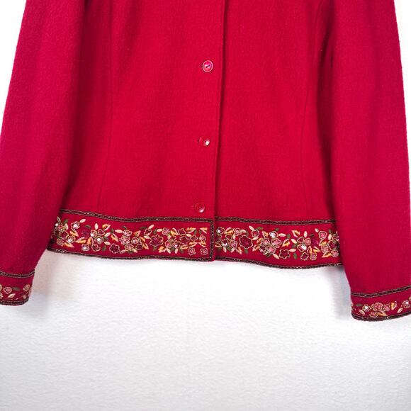 VINTAGE TALBOTS Red Boiled Wool Beaded Embroidered Sweater Jacket Size Large - Picture 4 of 8